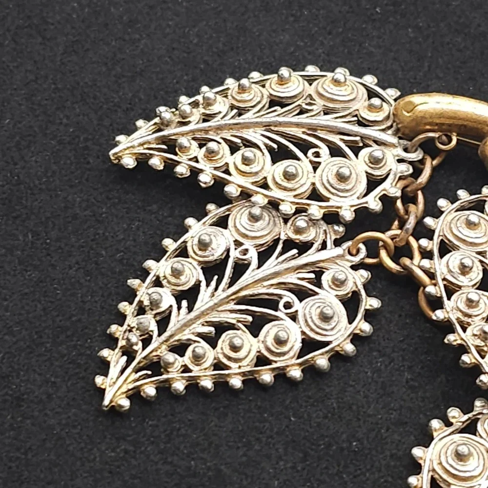 Vintage Filigree Dangle Leaf Brooch Statement‎ Nature Gold & Silver Tone Ornate